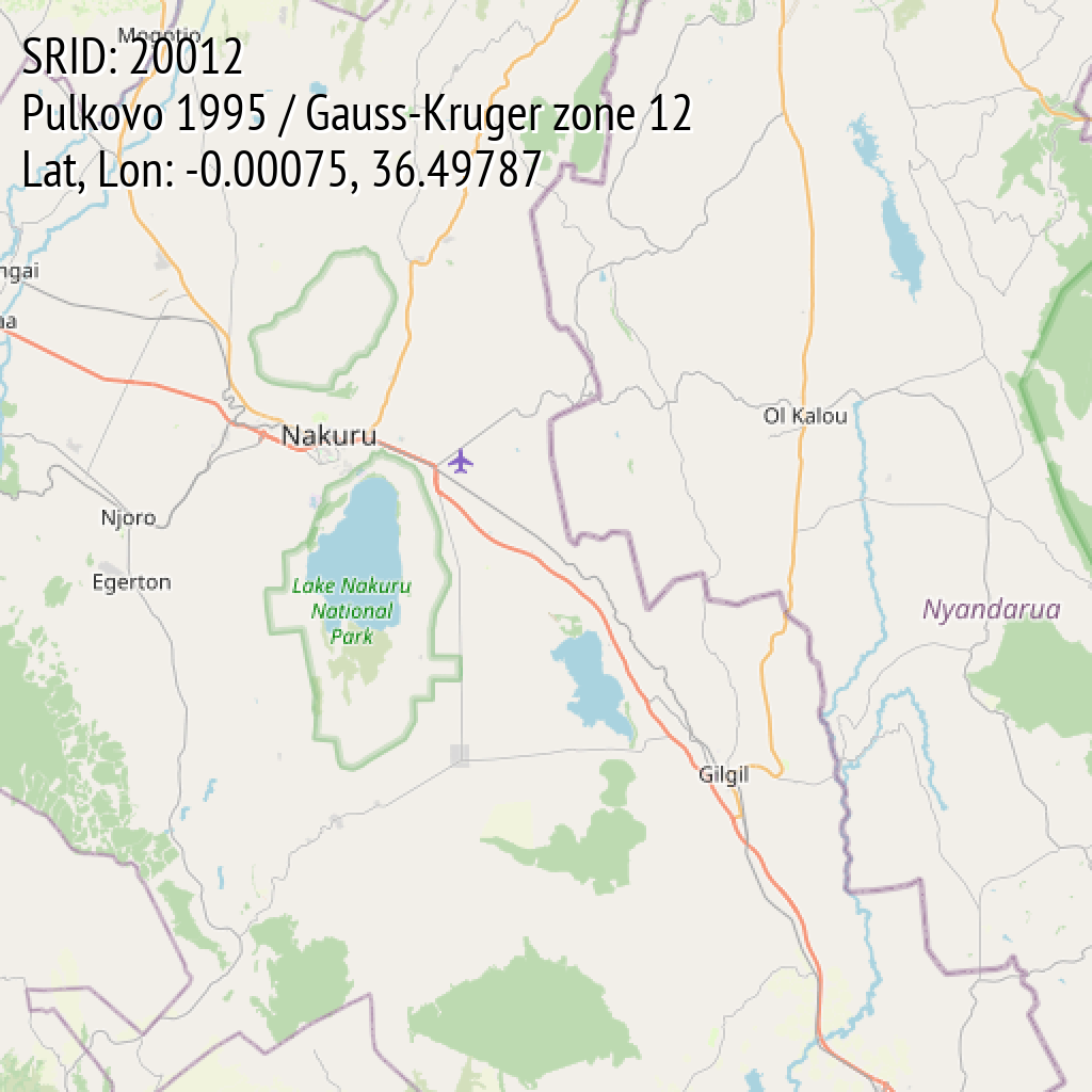 Pulkovo 1995 / Gauss-Kruger zone 12 (SRID: 20012, Lat, Lon: -0.00075, 36.49787)