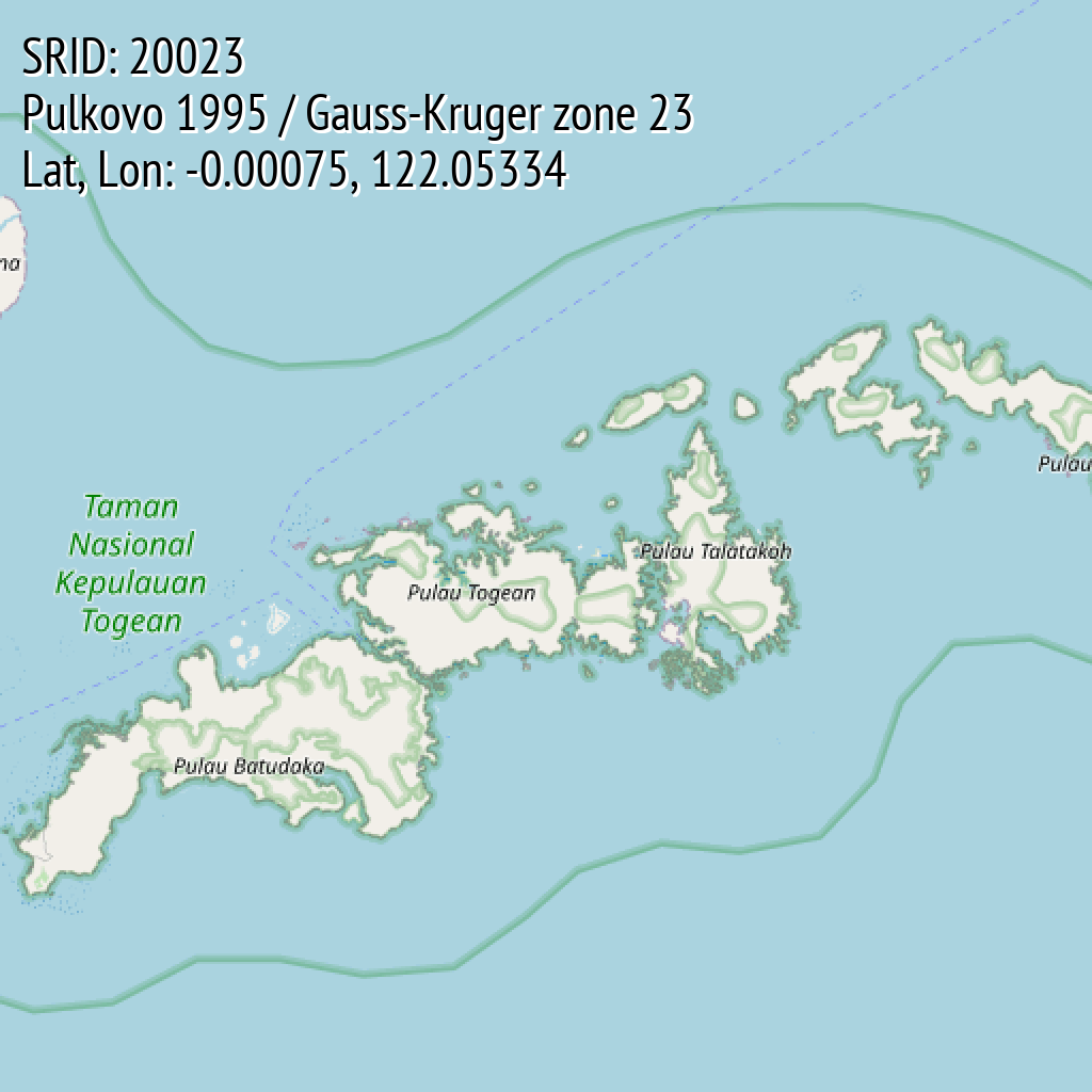 Pulkovo 1995 / Gauss-Kruger zone 23 (SRID: 20023, Lat, Lon: -0.00075, 122.05334)