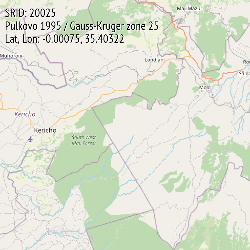Pulkovo 1995 / Gauss-Kruger zone 25 (SRID: 20025, Lat, Lon: -0.00075, 35.40322)