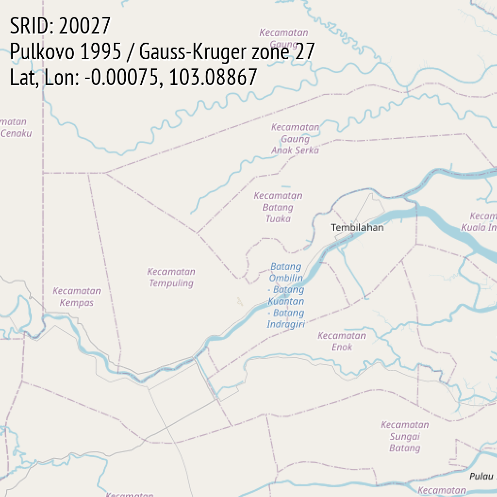 Pulkovo 1995 / Gauss-Kruger zone 27 (SRID: 20027, Lat, Lon: -0.00075, 103.08867)