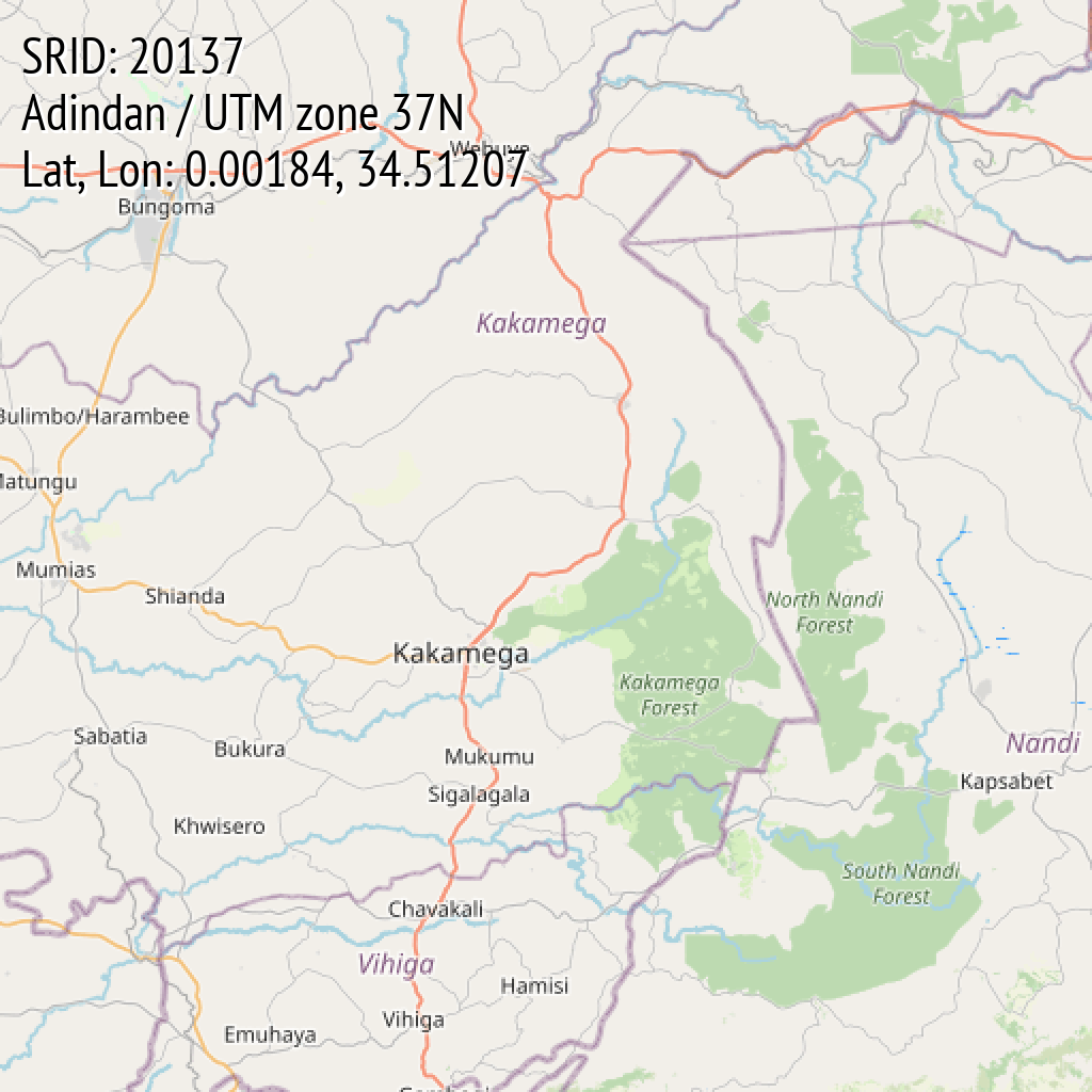 Adindan / UTM zone 37N (SRID: 20137, Lat, Lon: 0.00184, 34.51207)