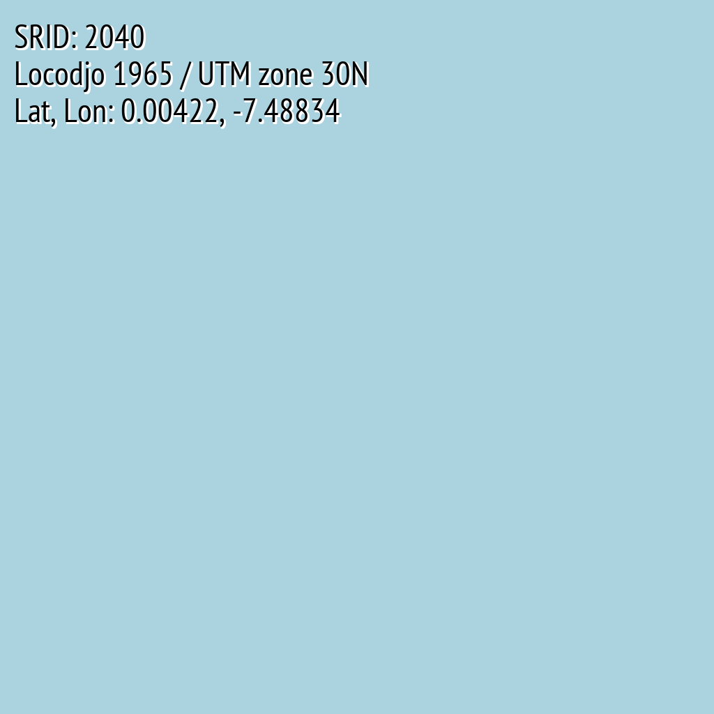 Locodjo 1965 / UTM zone 30N (SRID: 2040, Lat, Lon: 0.00422, -7.48834)