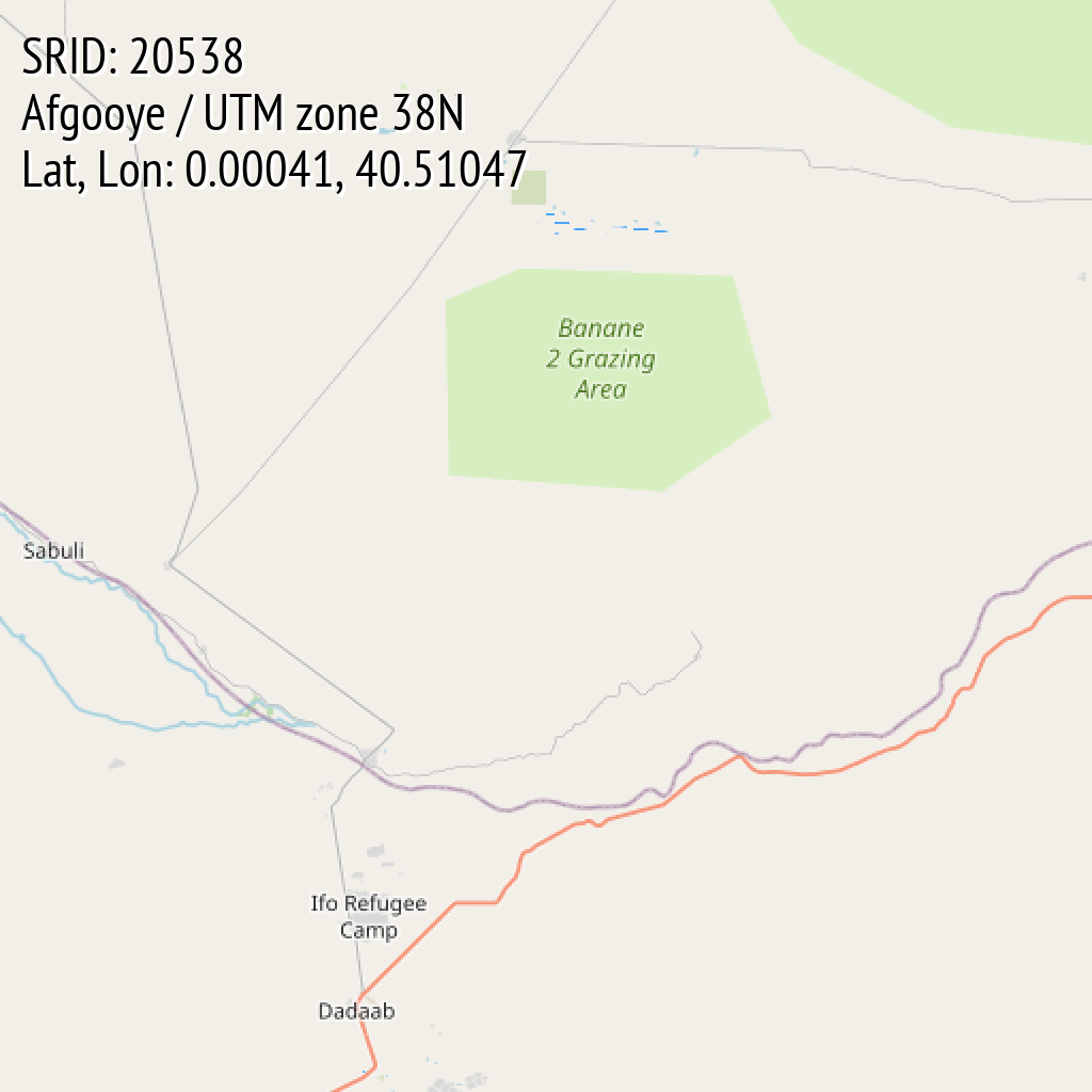 Afgooye / UTM zone 38N (SRID: 20538, Lat, Lon: 0.00041, 40.51047)