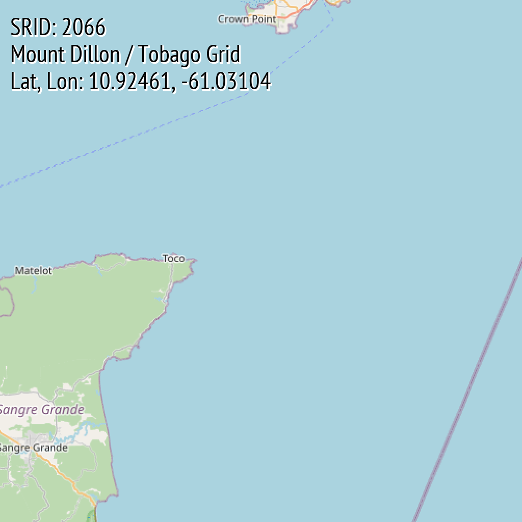 Mount Dillon / Tobago Grid (SRID: 2066, Lat, Lon: 10.92461, -61.03104)