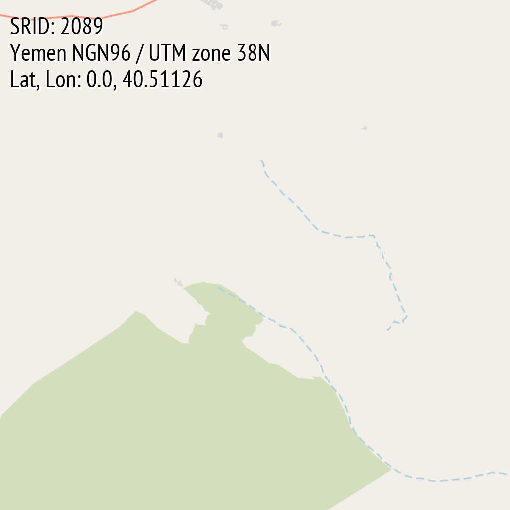 Yemen NGN96 / UTM zone 38N (SRID: 2089, Lat, Lon: 0.0, 40.51126)