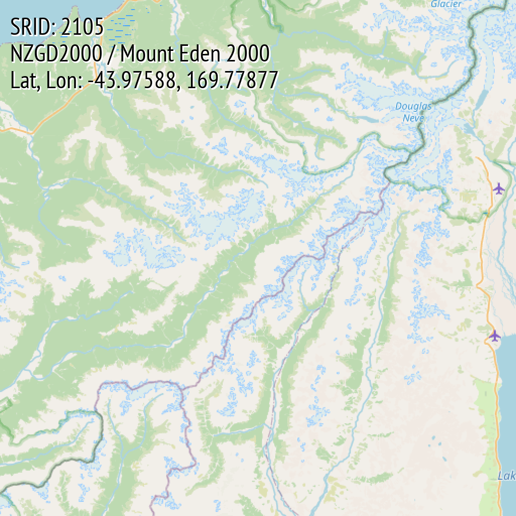 NZGD2000 / Mount Eden 2000 (SRID: 2105, Lat, Lon: -43.97588, 169.77877)