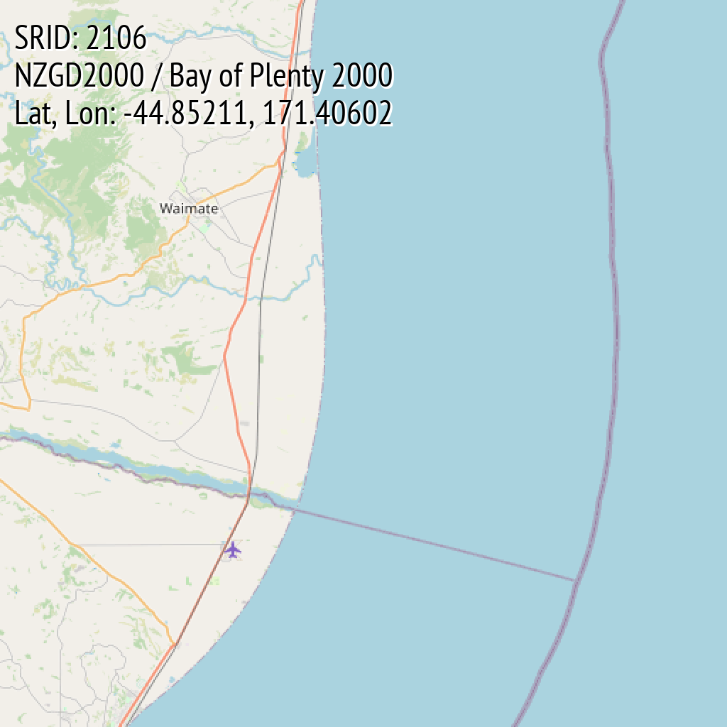 NZGD2000 / Bay of Plenty 2000 (SRID: 2106, Lat, Lon: -44.85211, 171.40602)