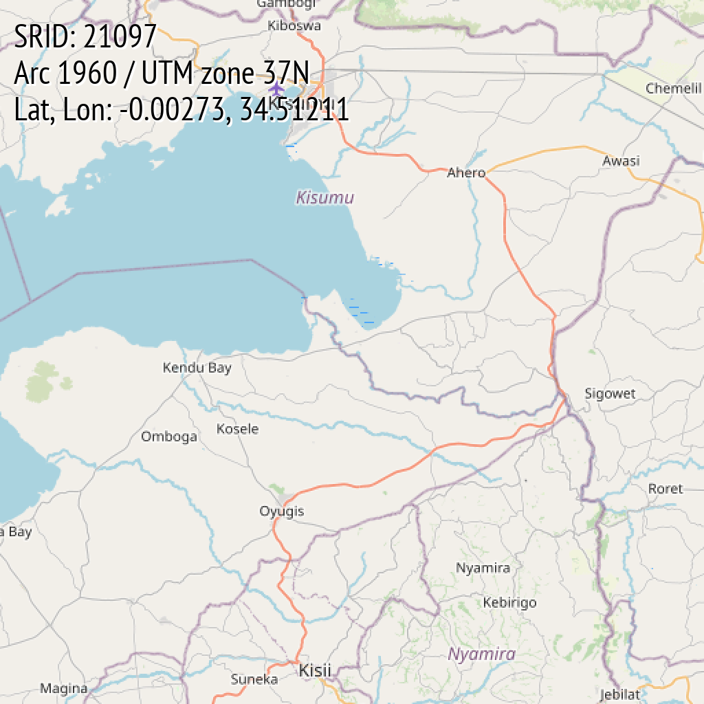 Arc 1960 / UTM zone 37N (SRID: 21097, Lat, Lon: -0.00273, 34.51211)