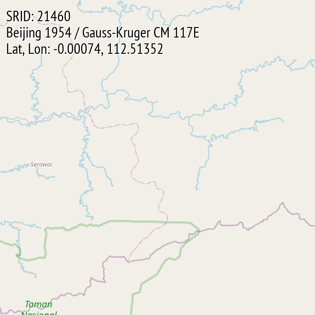 Beijing 1954 / Gauss-Kruger CM 117E (SRID: 21460, Lat, Lon: -0.00074, 112.51352)
