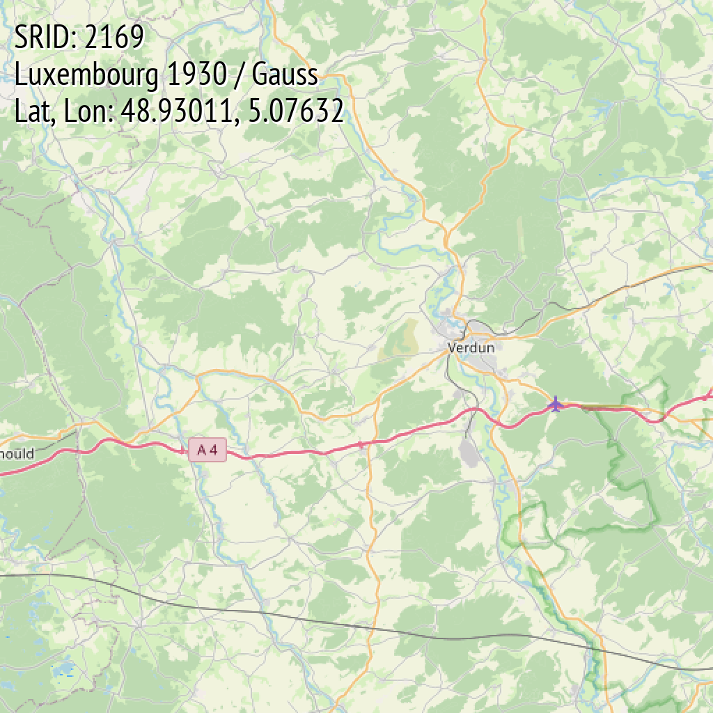 Luxembourg 1930 / Gauss (SRID: 2169, Lat, Lon: 48.93011, 5.07632)