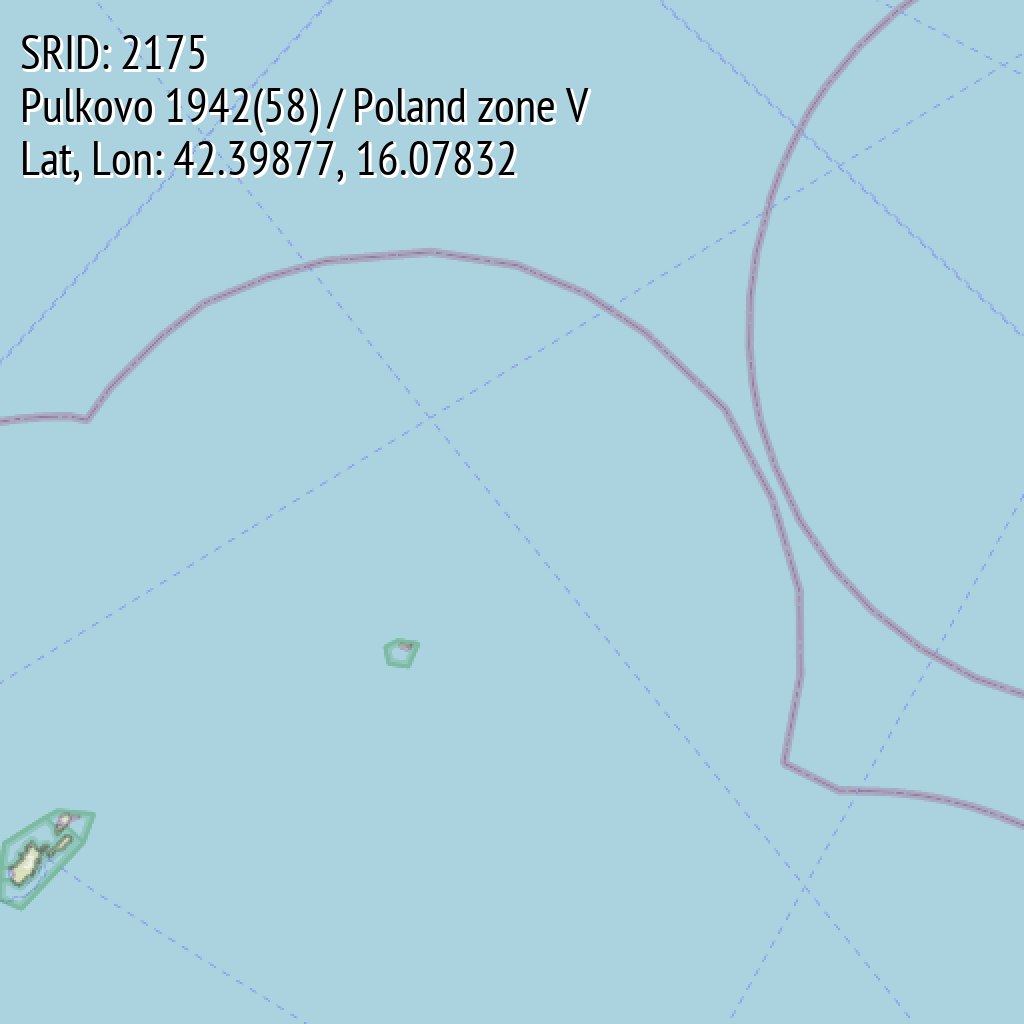 Pulkovo 1942(58) / Poland zone V (SRID: 2175, Lat, Lon: 42.39877, 16.07832)