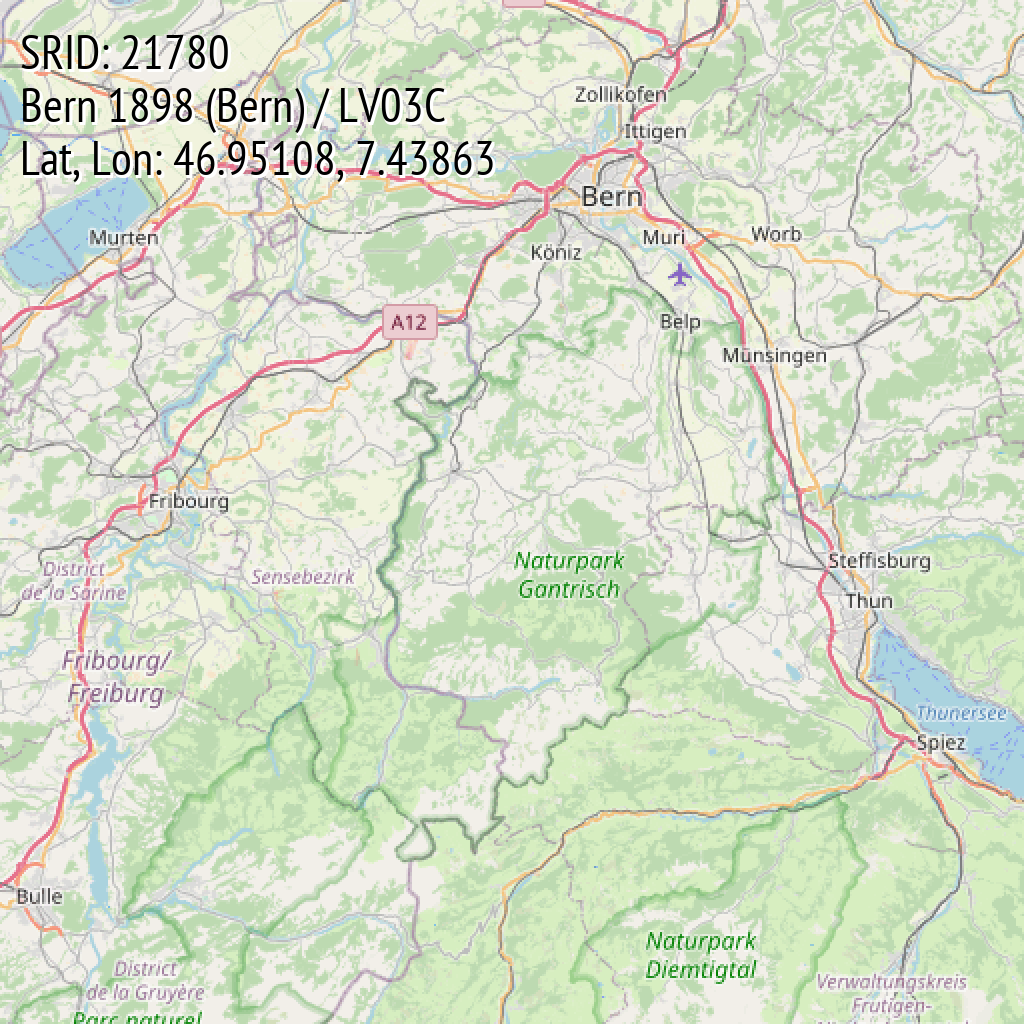 Bern 1898 (Bern) / LV03C (SRID: 21780, Lat, Lon: 46.95108, 7.43863)