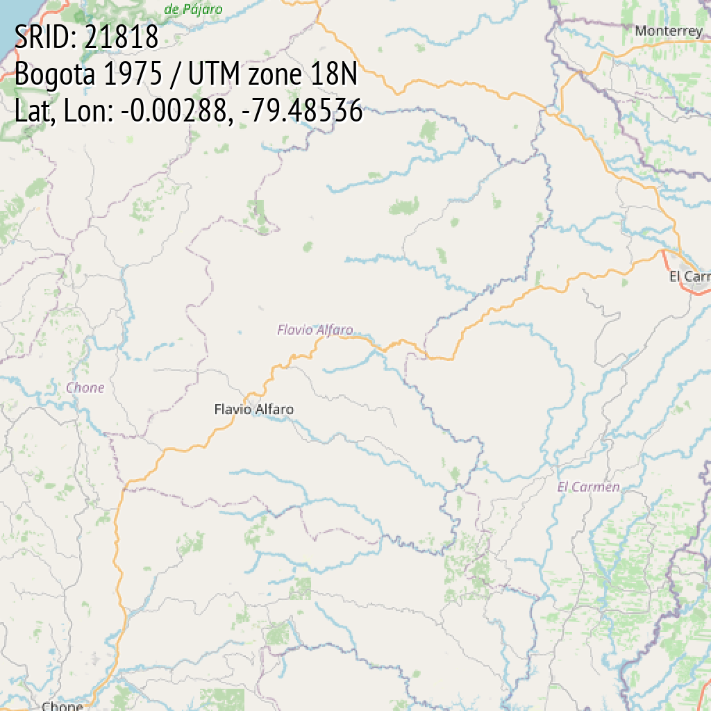 Bogota 1975 / UTM zone 18N (SRID: 21818, Lat, Lon: -0.00288, -79.48536)