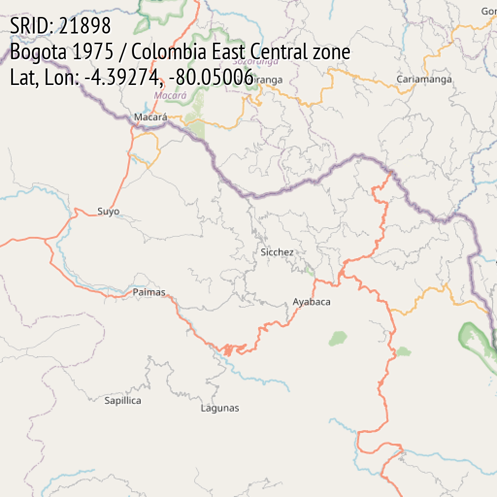 Bogota 1975 / Colombia East Central zone (SRID: 21898, Lat, Lon: -4.39274, -80.05006)