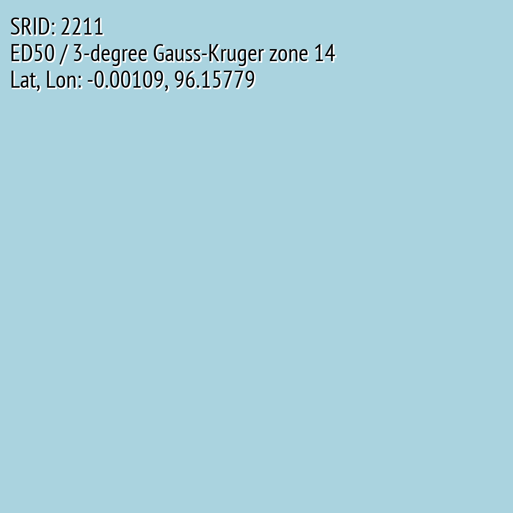 ED50 / 3-degree Gauss-Kruger zone 14 (SRID: 2211, Lat, Lon: -0.00109, 96.15779)