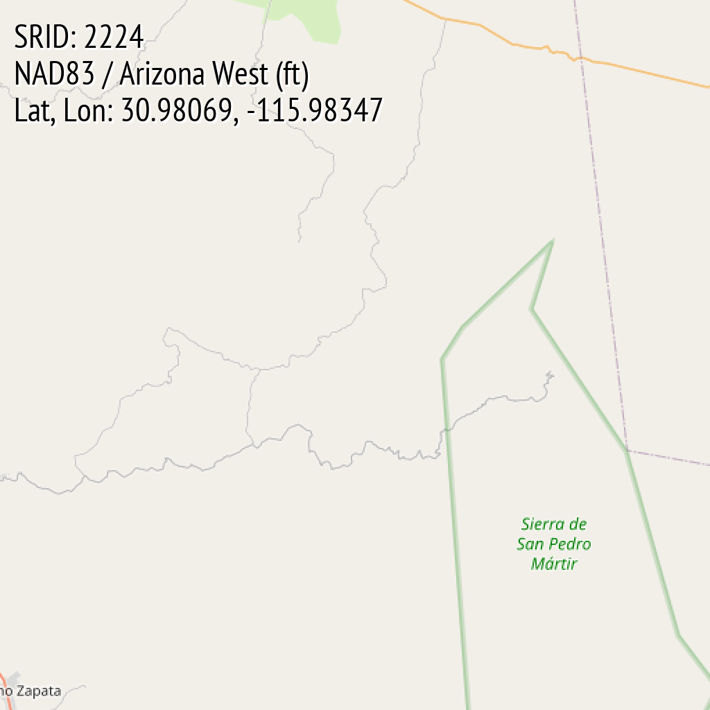 NAD83 / Arizona West (ft) (SRID: 2224, Lat, Lon: 30.98069, -115.98347)