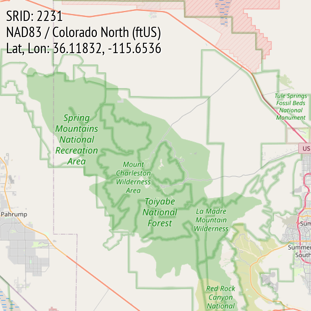 NAD83 / Colorado North (ftUS) (SRID: 2231, Lat, Lon: 36.11832, -115.6536)