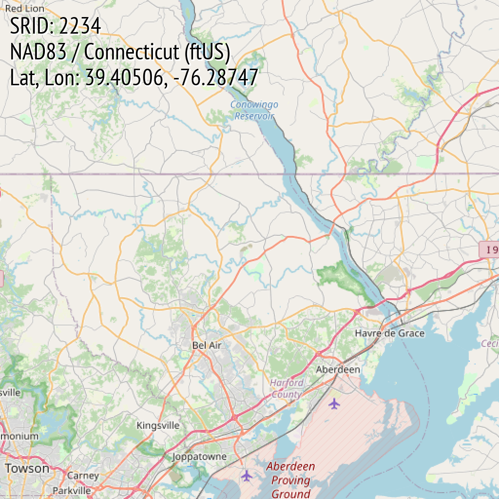 NAD83 / Connecticut (ftUS) (SRID: 2234, Lat, Lon: 39.40506, -76.28747)