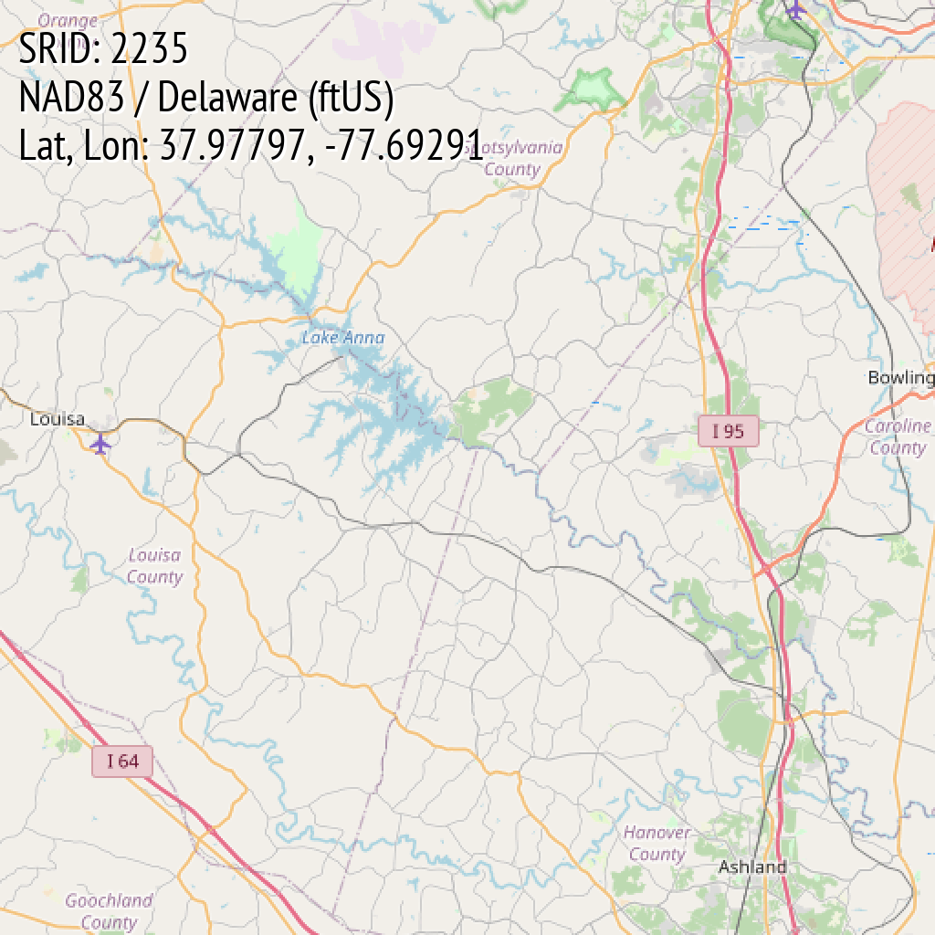 NAD83 / Delaware (ftUS) (SRID: 2235, Lat, Lon: 37.97797, -77.69291)