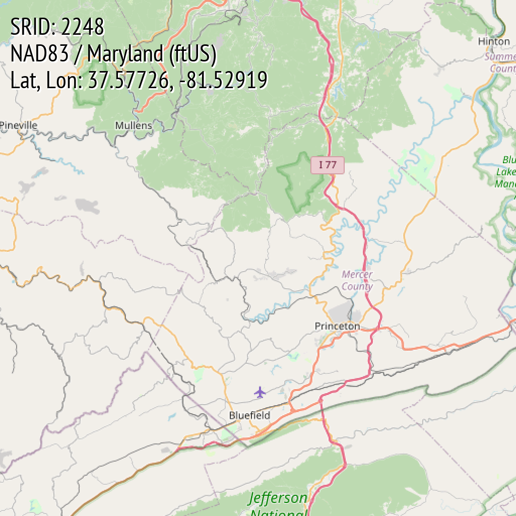 NAD83 / Maryland (ftUS) (SRID: 2248, Lat, Lon: 37.57726, -81.52919)