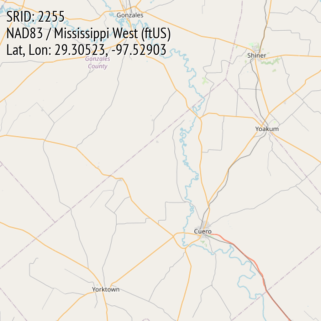 NAD83 / Mississippi West (ftUS) (SRID: 2255, Lat, Lon: 29.30523, -97.52903)