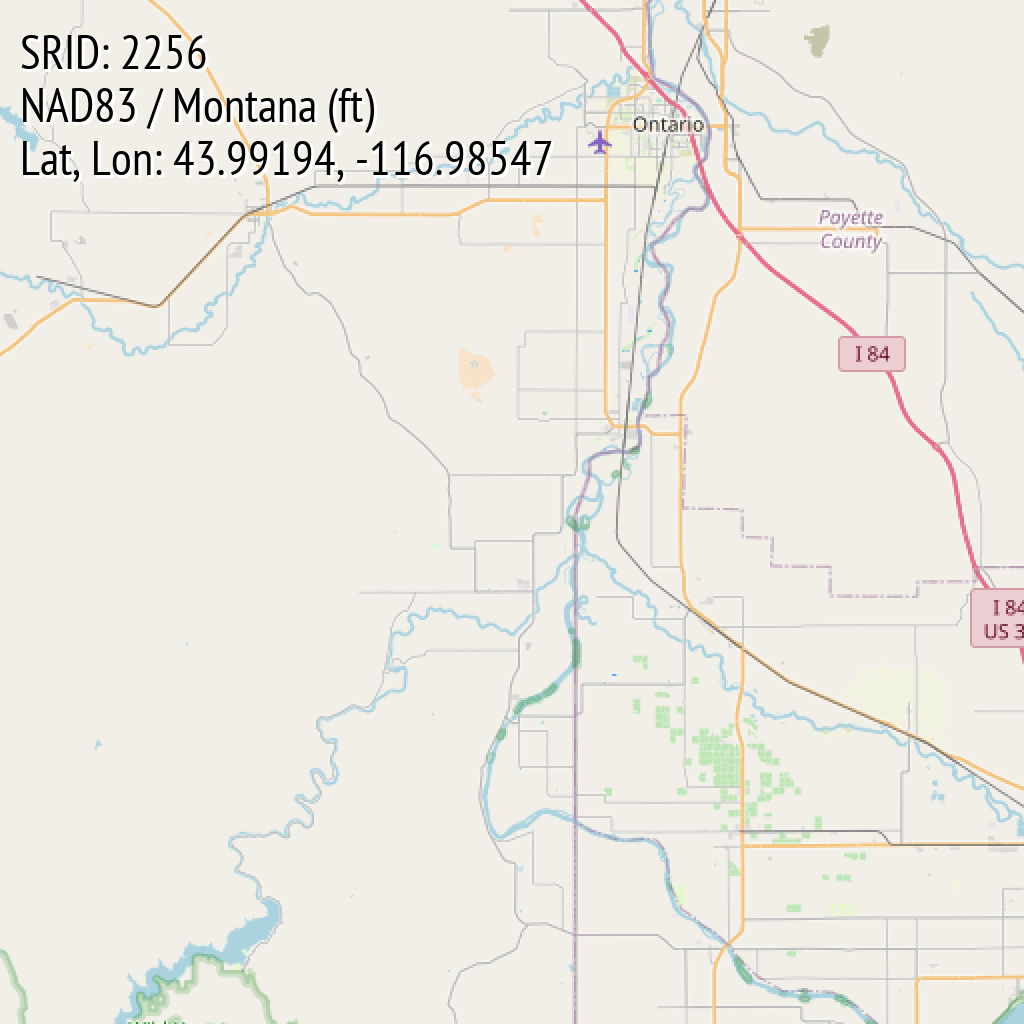 NAD83 / Montana (ft) (SRID: 2256, Lat, Lon: 43.99194, -116.98547)