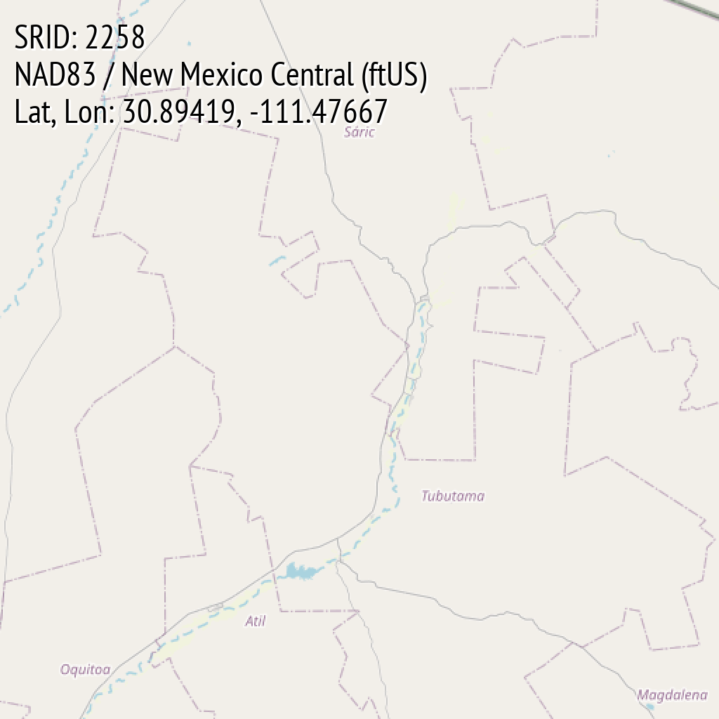 NAD83 / New Mexico Central (ftUS) (SRID: 2258, Lat, Lon: 30.89419, -111.47667)