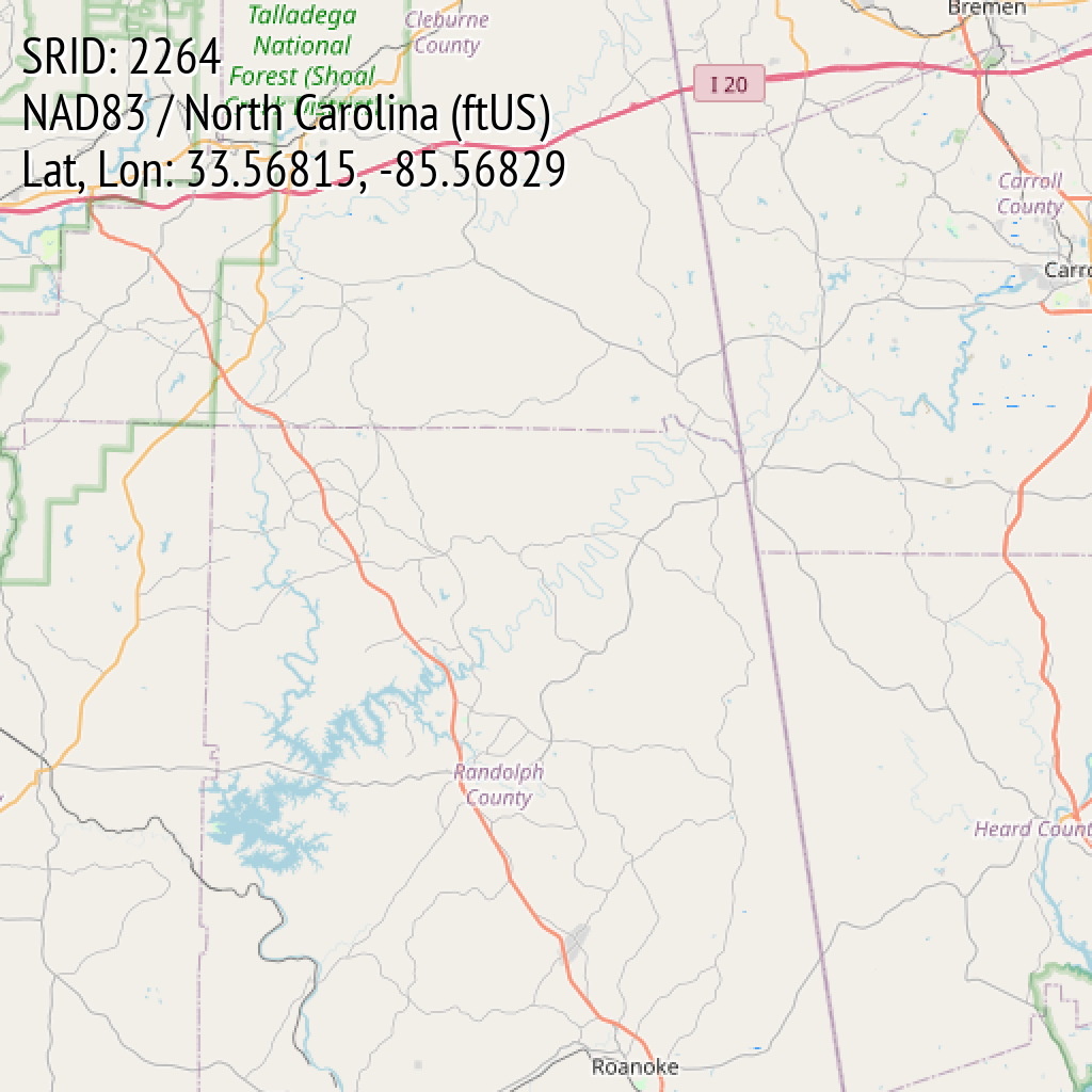 NAD83 / North Carolina (ftUS) (SRID: 2264, Lat, Lon: 33.56815, -85.56829)