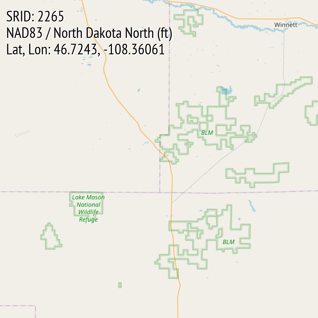 NAD83 / North Dakota North (ft) (SRID: 2265, Lat, Lon: 46.7243, -108.36061)