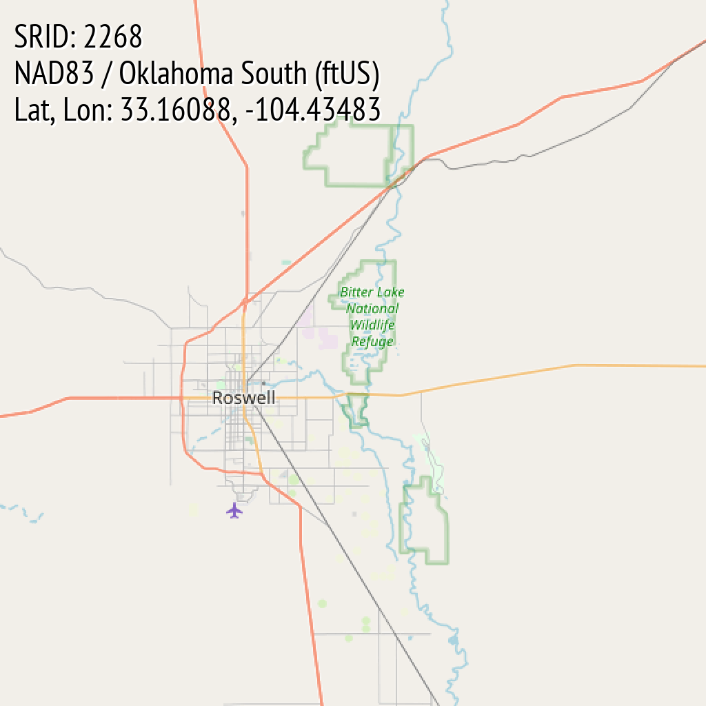 NAD83 / Oklahoma South (ftUS) (SRID: 2268, Lat, Lon: 33.16088, -104.43483)
