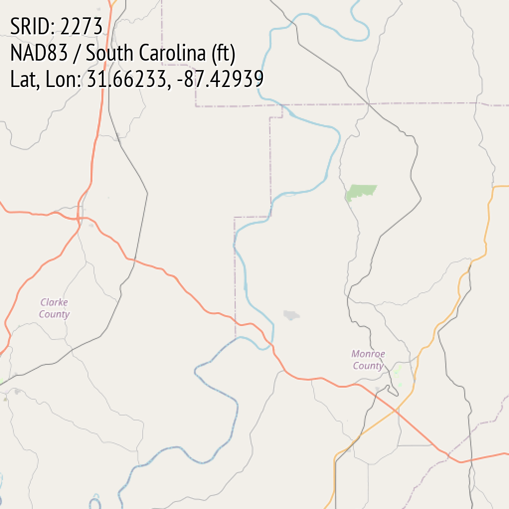 NAD83 / South Carolina (ft) (SRID: 2273, Lat, Lon: 31.66233, -87.42939)