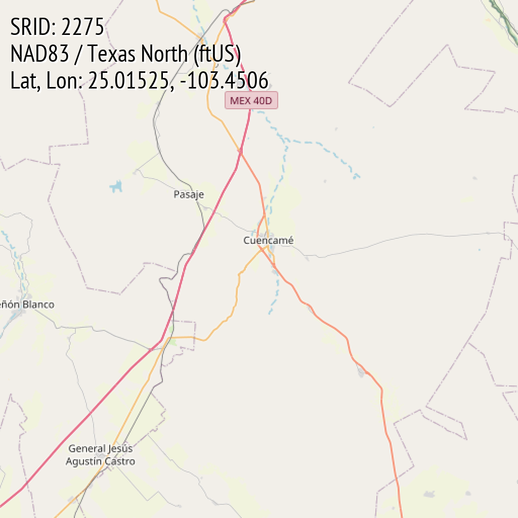 NAD83 / Texas North (ftUS) (SRID: 2275, Lat, Lon: 25.01525, -103.4506)
