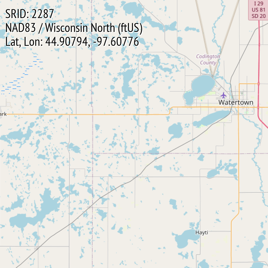 NAD83 / Wisconsin North (ftUS) (SRID: 2287, Lat, Lon: 44.90794, -97.60776)