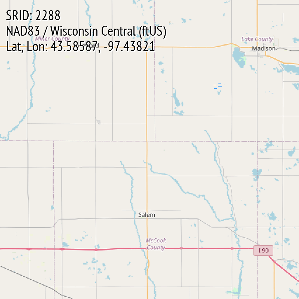 NAD83 / Wisconsin Central (ftUS) (SRID: 2288, Lat, Lon: 43.58587, -97.43821)