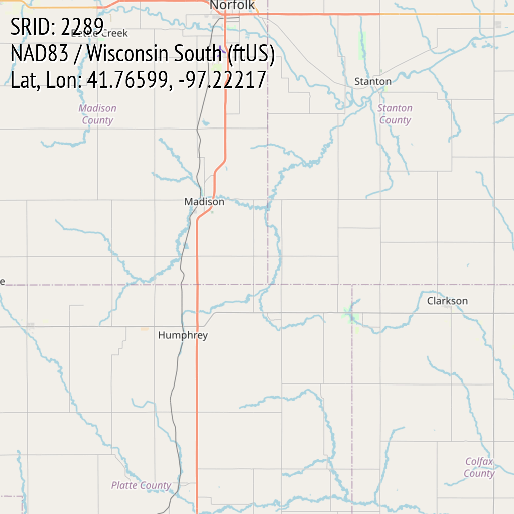 NAD83 / Wisconsin South (ftUS) (SRID: 2289, Lat, Lon: 41.76599, -97.22217)
