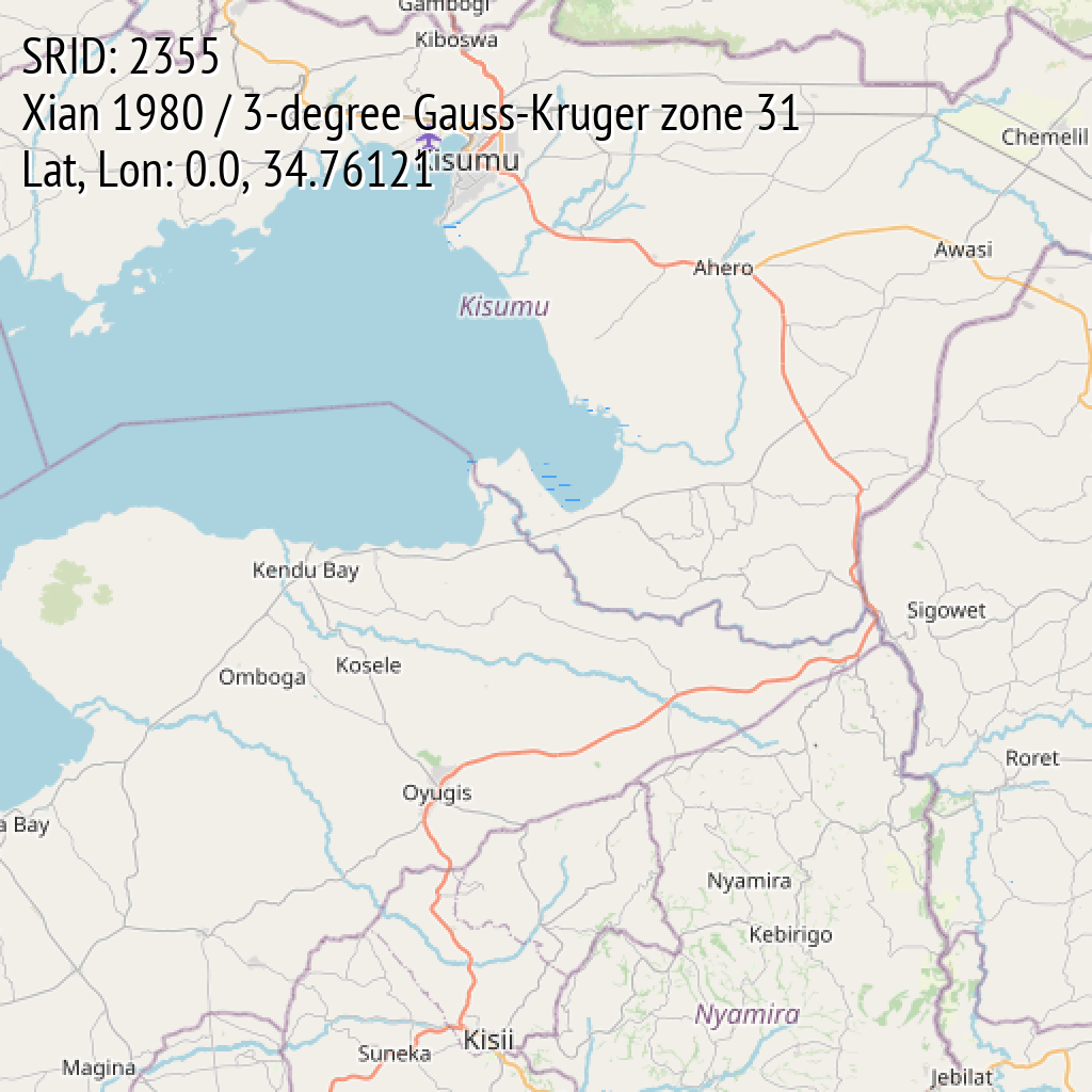 Xian 1980 / 3-degree Gauss-Kruger zone 31 (SRID: 2355, Lat, Lon: 0.0, 34.76121)