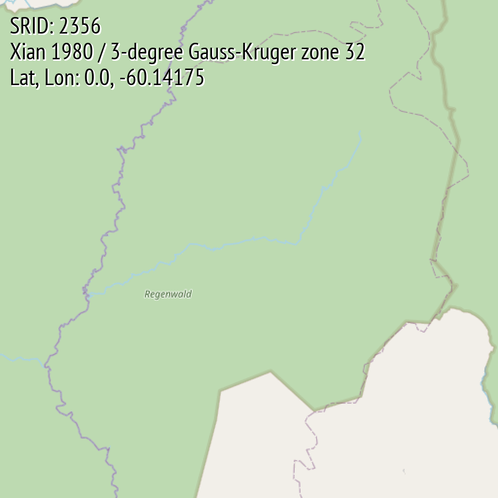 Xian 1980 / 3-degree Gauss-Kruger zone 32 (SRID: 2356, Lat, Lon: 0.0, -60.14175)