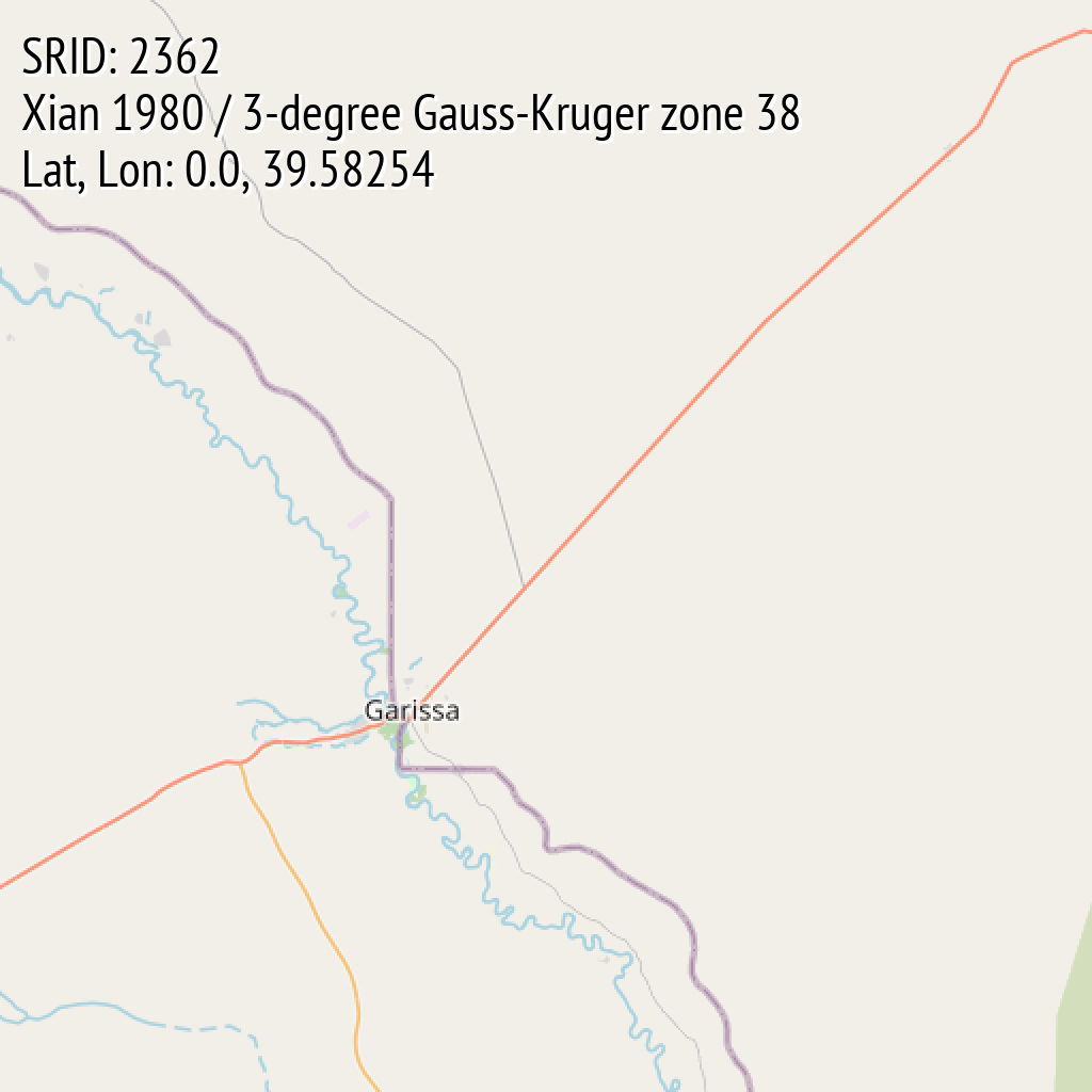 Xian 1980 / 3-degree Gauss-Kruger zone 38 (SRID: 2362, Lat, Lon: 0.0, 39.58254)