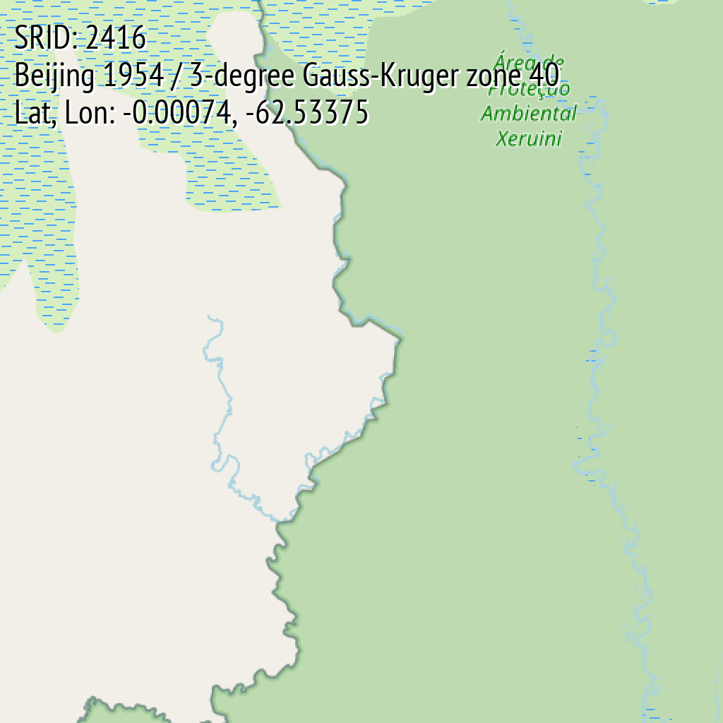 Beijing 1954 / 3-degree Gauss-Kruger zone 40 (SRID: 2416, Lat, Lon: -0.00074, -62.53375)