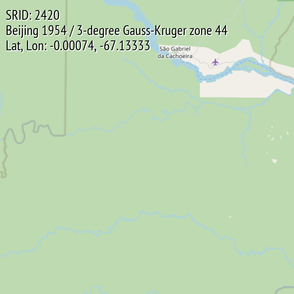 Beijing 1954 / 3-degree Gauss-Kruger zone 44 (SRID: 2420, Lat, Lon: -0.00074, -67.13333)