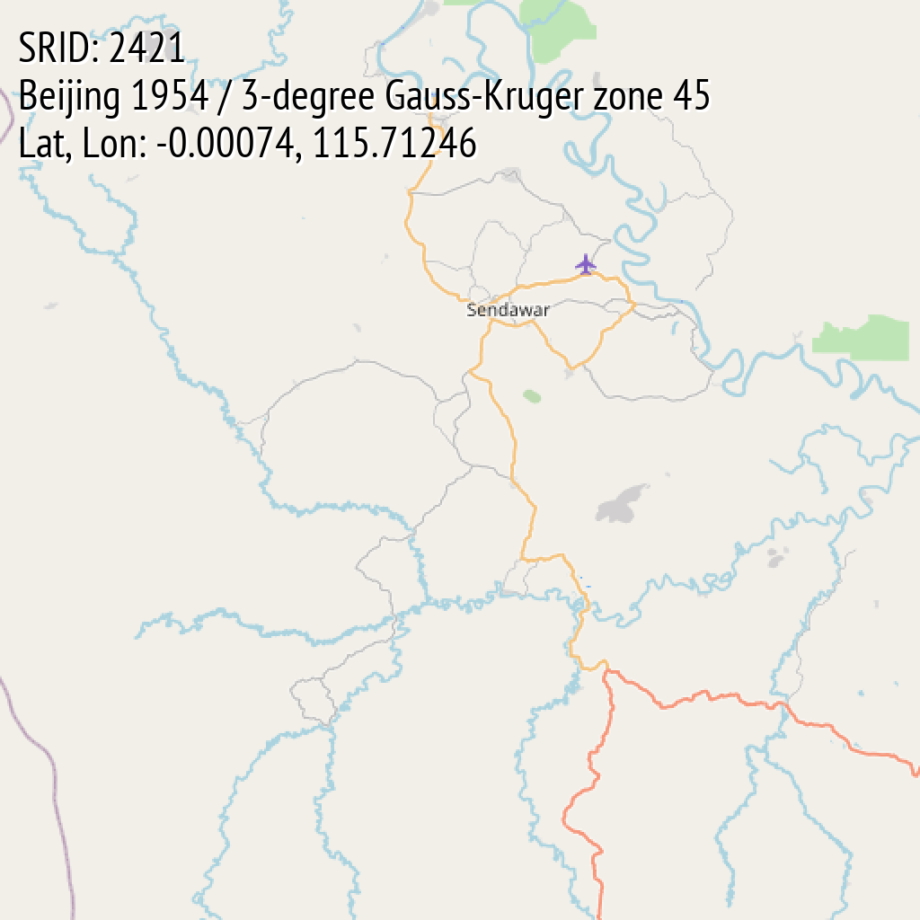 Beijing 1954 / 3-degree Gauss-Kruger zone 45 (SRID: 2421, Lat, Lon: -0.00074, 115.71246)