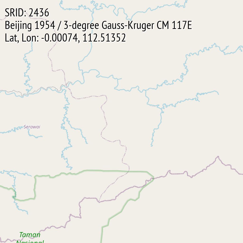 Beijing 1954 / 3-degree Gauss-Kruger CM 117E (SRID: 2436, Lat, Lon: -0.00074, 112.51352)
