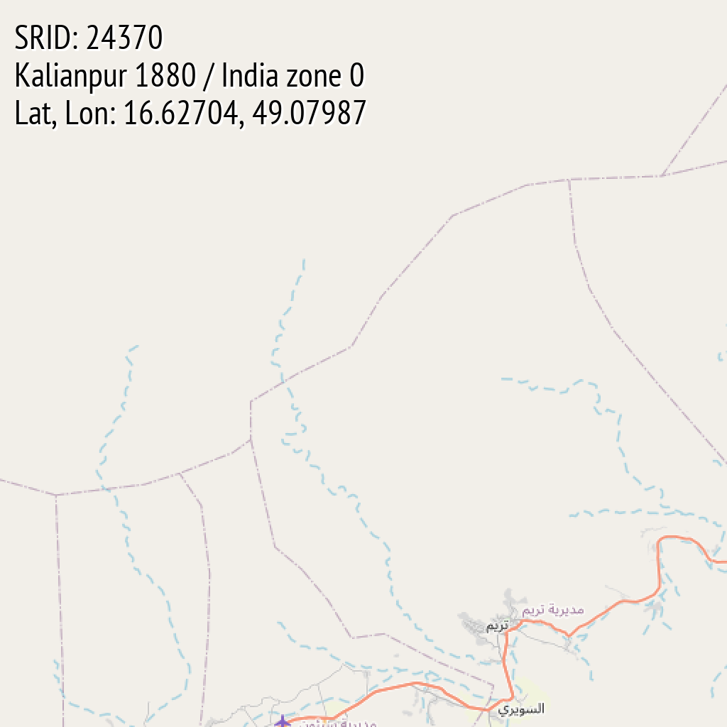 Kalianpur 1880 / India zone 0 (SRID: 24370, Lat, Lon: 16.62704, 49.07987)