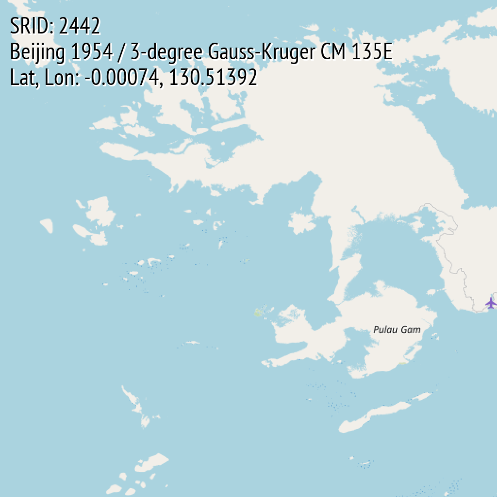 Beijing 1954 / 3-degree Gauss-Kruger CM 135E (SRID: 2442, Lat, Lon: -0.00074, 130.51392)