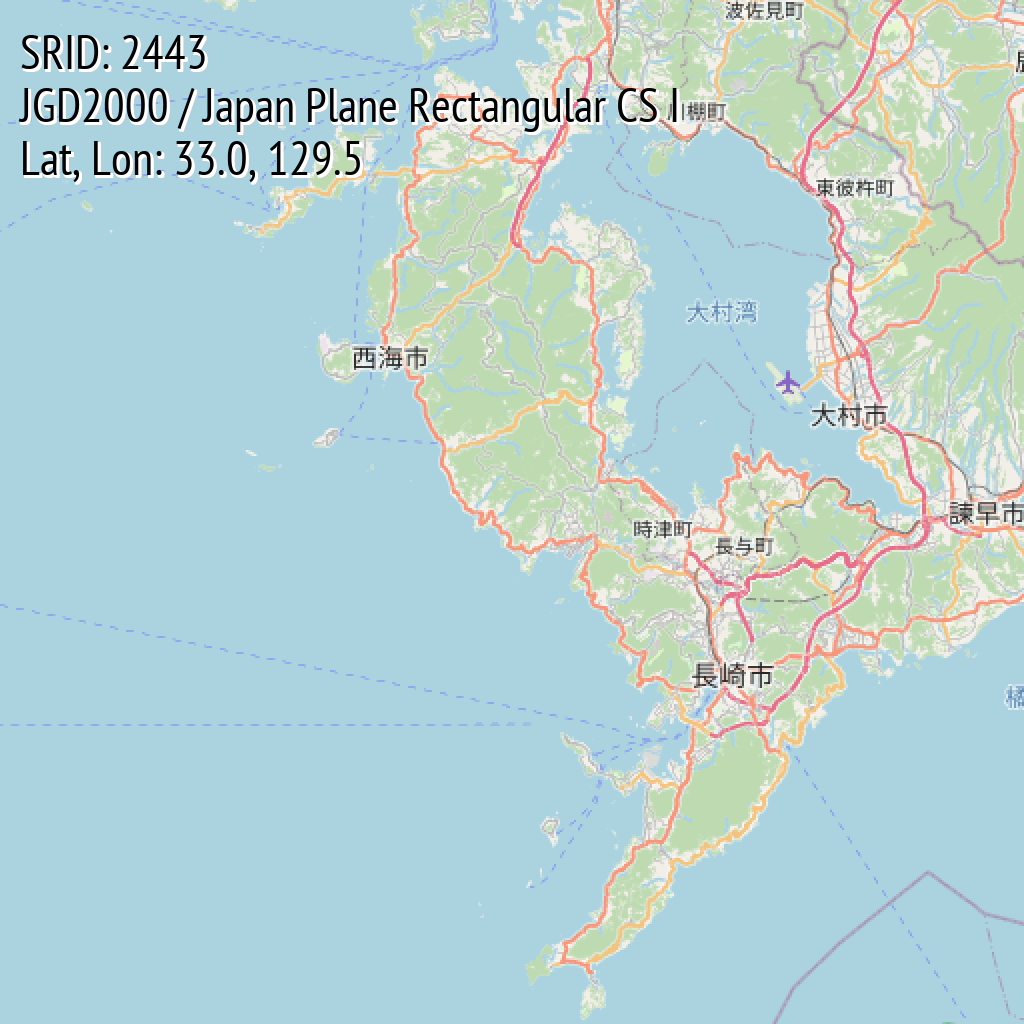 JGD2000 / Japan Plane Rectangular CS I (SRID: 2443, Lat, Lon: 33.0, 129.5)