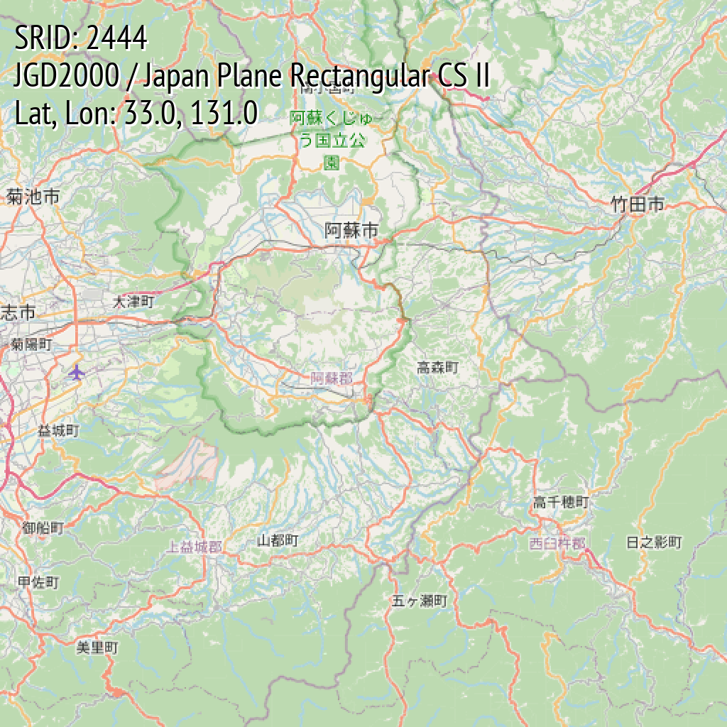 JGD2000 / Japan Plane Rectangular CS II (SRID: 2444, Lat, Lon: 33.0, 131.0)