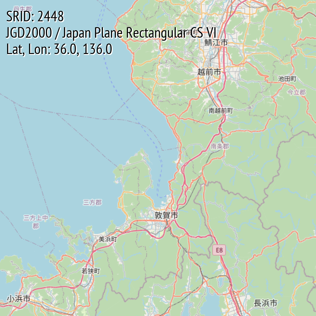 JGD2000 / Japan Plane Rectangular CS VI (SRID: 2448, Lat, Lon: 36.0, 136.0)