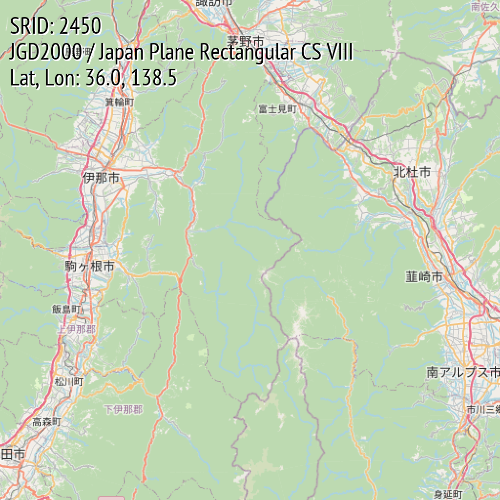 JGD2000 / Japan Plane Rectangular CS VIII (SRID: 2450, Lat, Lon: 36.0, 138.5)