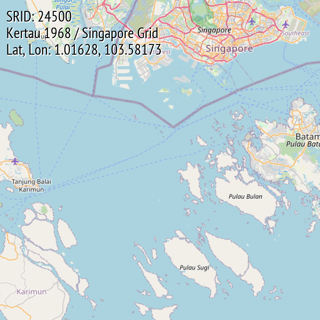 Kertau 1968 / Singapore Grid (SRID: 24500, Lat, Lon: 1.01628, 103.58173)