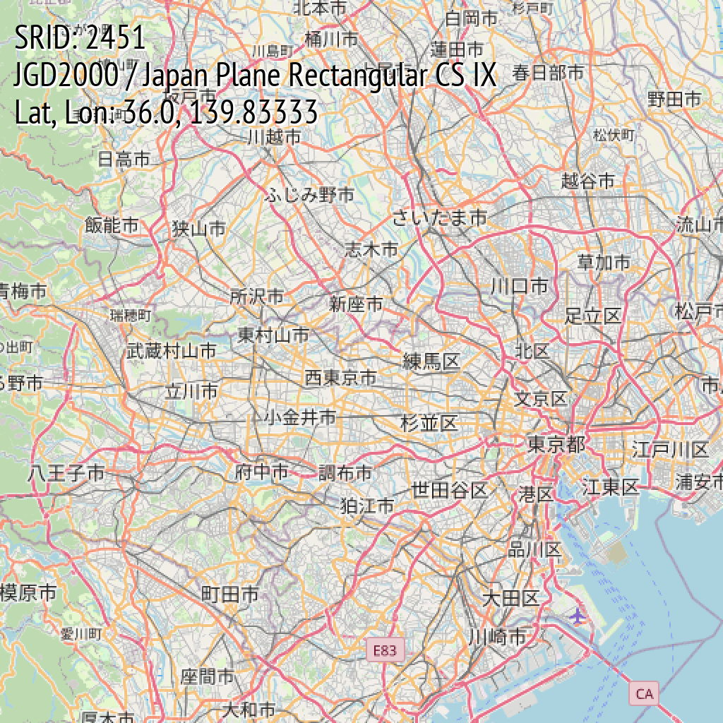 JGD2000 / Japan Plane Rectangular CS IX (SRID: 2451, Lat, Lon: 36.0, 139.83333)